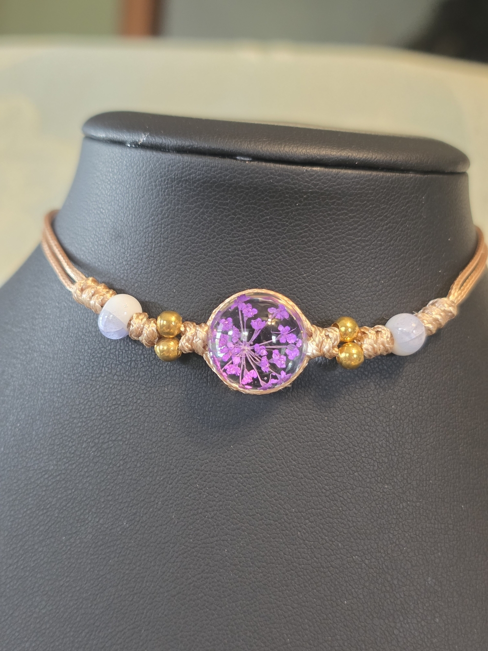#293 Handmade Purple Flower Glass Pendant Choker Necklace - Women Jewelry